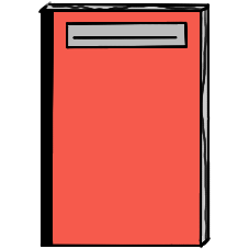 a red notebook with a black line where it opens and a white rectangle at the top